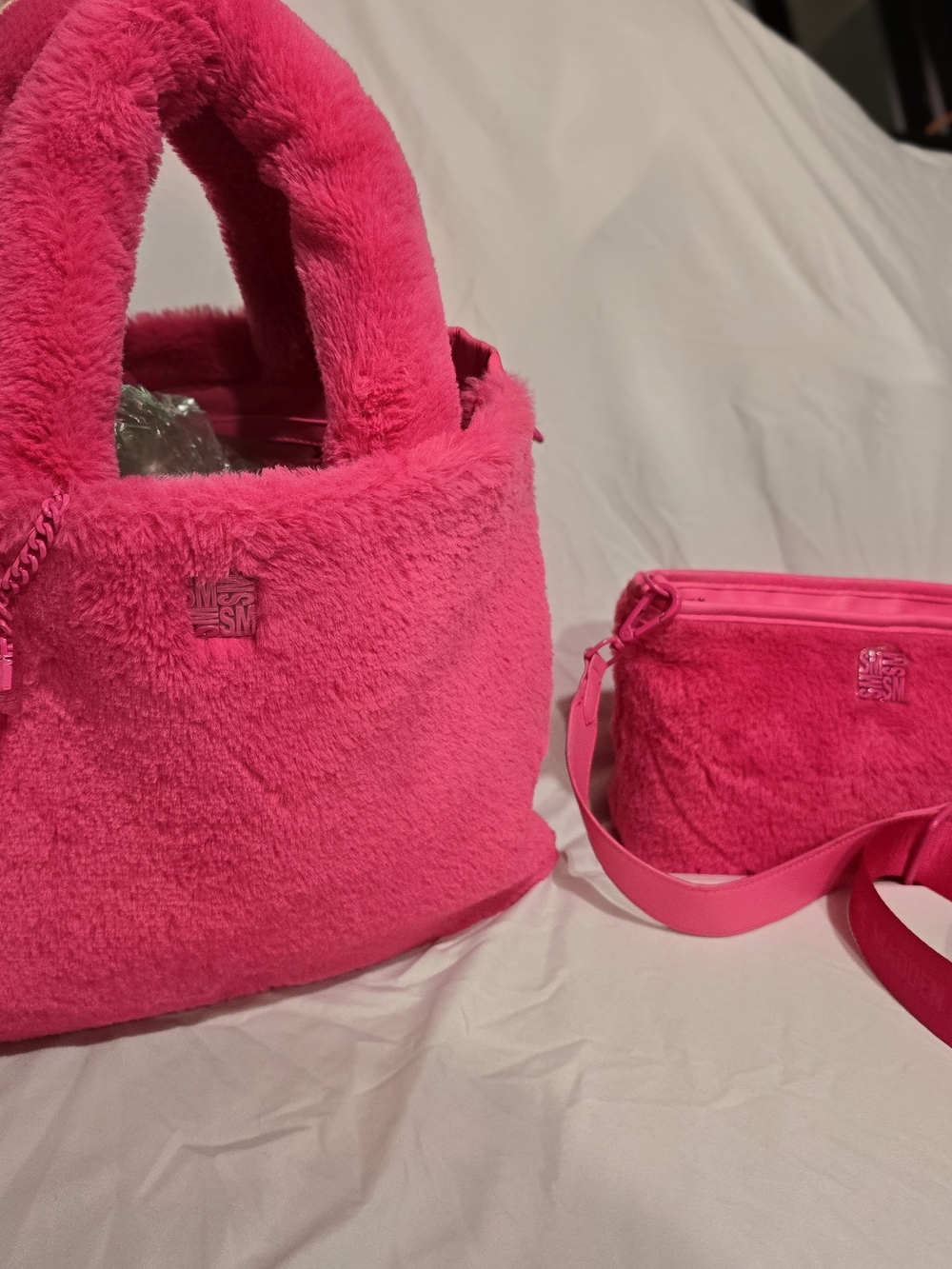Y2K Inspired Steve Madden Faux-Fur Hot Pink Tote and Crossbody Set